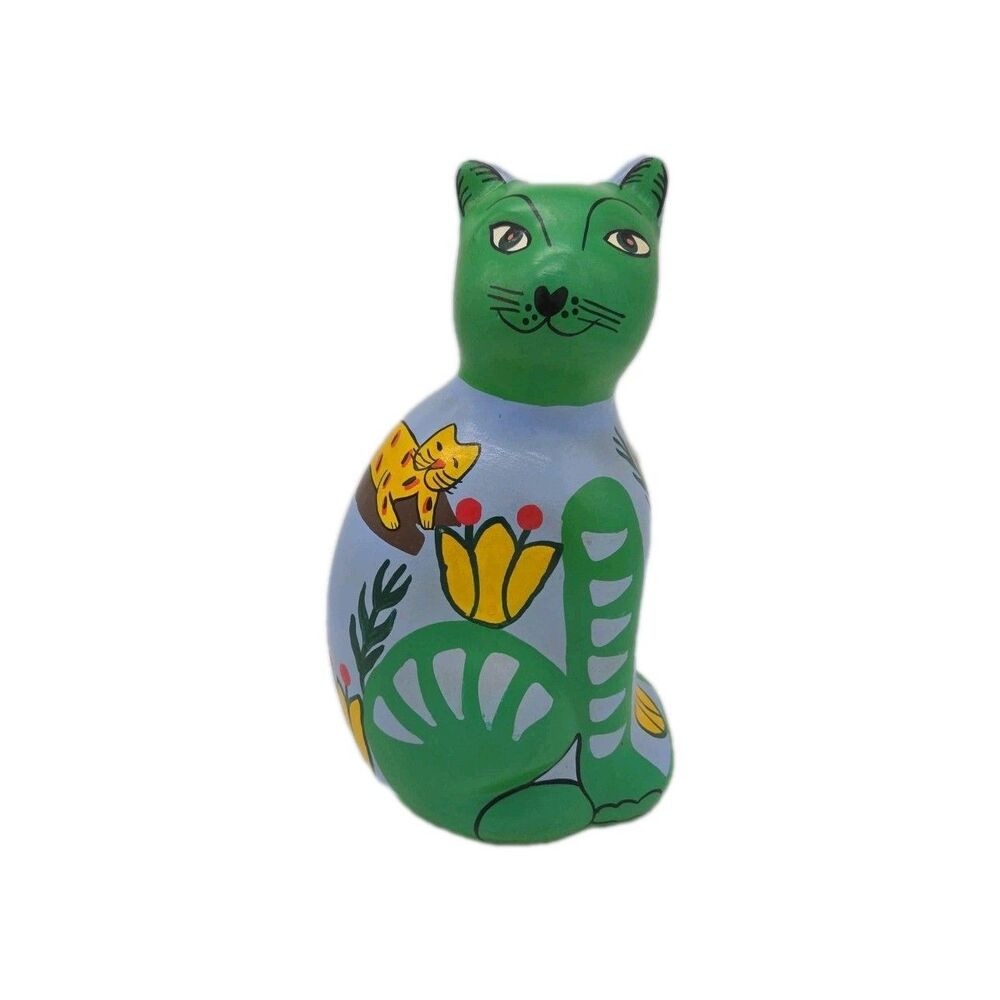 Cat Ceramic Coin Bank Colorful Handpainted Talavera Mexican Folk Art Boho 10"